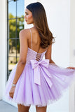 Lilac Tulle Corset Spaghetti Straps A Line Short Prom Dress with Appliques