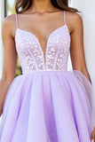 Lilac Tulle Corset Spaghetti Straps A Line Short Prom Dress with Appliques