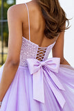 Lilac Tulle Corset Spaghetti Straps A Line Short Prom Dress with Appliques