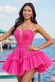 Fuchsia A Line Tulle Ruched Short Prom Dress with Ruffles