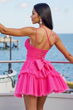 Fuchsia A Line Tulle Ruched Short Prom Dress with Ruffles