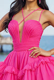 Fuchsia A Line Tulle Ruched Short Prom Dress with Ruffles