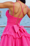Fuchsia A Line Tulle Ruched Short Prom Dress with Ruffles
