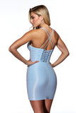 Light Blue Satin Halter Bodycon Cocktail Dress with Fringes