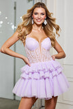 Lilac Tulle A Line Corset Spaghetti Straps Short Prom Dress with Appliques