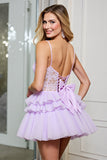 Lilac Tulle A Line Corset Spaghetti Straps Short Prom Dress with Appliques