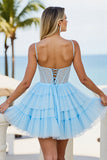 Light Blue Tulle A Line Tiered Short Corset Prom Dress