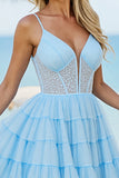 Light Blue Tulle A Line Tiered Short Corset Prom Dress