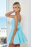 Blue A Line Ruched Short Prom Dress With Bow