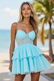 A Line Corset Blue Tiered Short Prom Dress