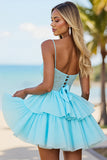 A Line Corset Blue Tiered Short Prom Dress