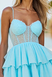 A Line Corset Blue Tiered Short Prom Dress