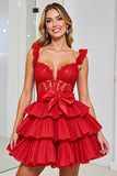 Red Tiered Corset Short Prom Dress With Removable Bow