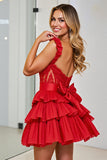 Red Tiered Corset Short Prom Dress With Removable Bow