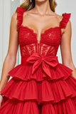 Red Tiered Corset Short Prom Dress With Removable Bow