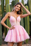 Pink A Line Appliqued Lace Up Back Short Prom Dress