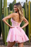 Pink A Line Appliqued Lace Up Back Short Prom Dress