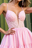 Pink A Line Appliqued Lace Up Back Short Prom Dress