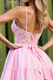 Pink A Line Appliqued Lace Up Back Short Prom Dress