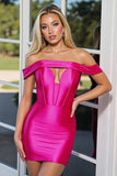 Off The Shoulder Fuchsia Bodycon Keyhole Short Prom Dress