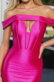 Off The Shoulder Fuchsia Bodycon Keyhole Short Prom Dress