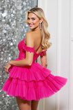 A Line Off The Shoulder Fuchsia Tiered Mini Prom Dress