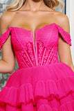 A Line Off The Shoulder Fuchsia Tiered Mini Prom Dress