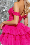 A Line Off The Shoulder Fuchsia Tiered Mini Prom Dress