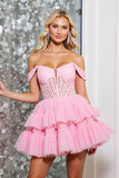 A Line Off The Shoulder Fuchsia Tiered Mini Prom Dress