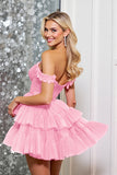 A Line Off The Shoulder Fuchsia Tiered Mini Prom Dress