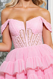 A Line Off The Shoulder Fuchsia Tiered Mini Prom Dress