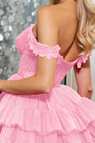 A Line Off The Shoulder Fuchsia Tiered Mini Prom Dress