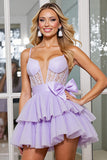 Lilac Corset A Line Appliqued Short Prom Dress With Removable Bow