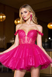 Off The Shoulder A-Line Corset Appliques Fuchsia Short Prom Dress