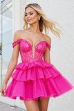 Off The Shoulder Beaded Corset Fuchsia Short Prom Dress
