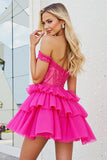Off The Shoulder Beaded Corset Fuchsia Short Prom Dress