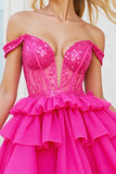 Off The Shoulder Beaded Corset Fuchsia Short Prom Dress