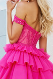 Off The Shoulder Beaded Corset Fuchsia Short Prom Dress