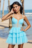 Light Blue Corset Tiered Mini Prom Dress