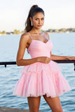 Pink A Line Tiered Spaghetti Straps Short Prom Dress