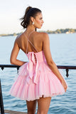 Pink A Line Tiered Spaghetti Straps Short Prom Dress