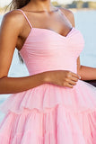 Pink A Line Tiered Spaghetti Straps Short Prom Dress