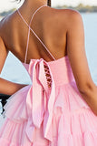 Pink A Line Tiered Spaghetti Straps Short Prom Dress