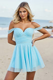 Off The Shoulder Light Blue A Line Short Prom Dress