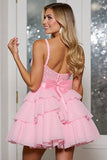 Pink Chiffon Tiered Corset Short Prom Dress with Ruffles