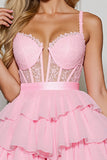 Pink Chiffon Tiered Corset Short Prom Dress with Ruffles