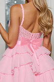 Pink Chiffon Tiered Corset Short Prom Dress with Ruffles