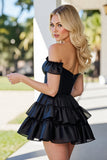 Black Tiered Corset Short Prom Dress with Ruffles