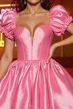 Pink Satin A Line Corset Puff Sleeves Short Prom Dress