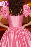 Pink Satin A Line Corset Puff Sleeves Short Prom Dress